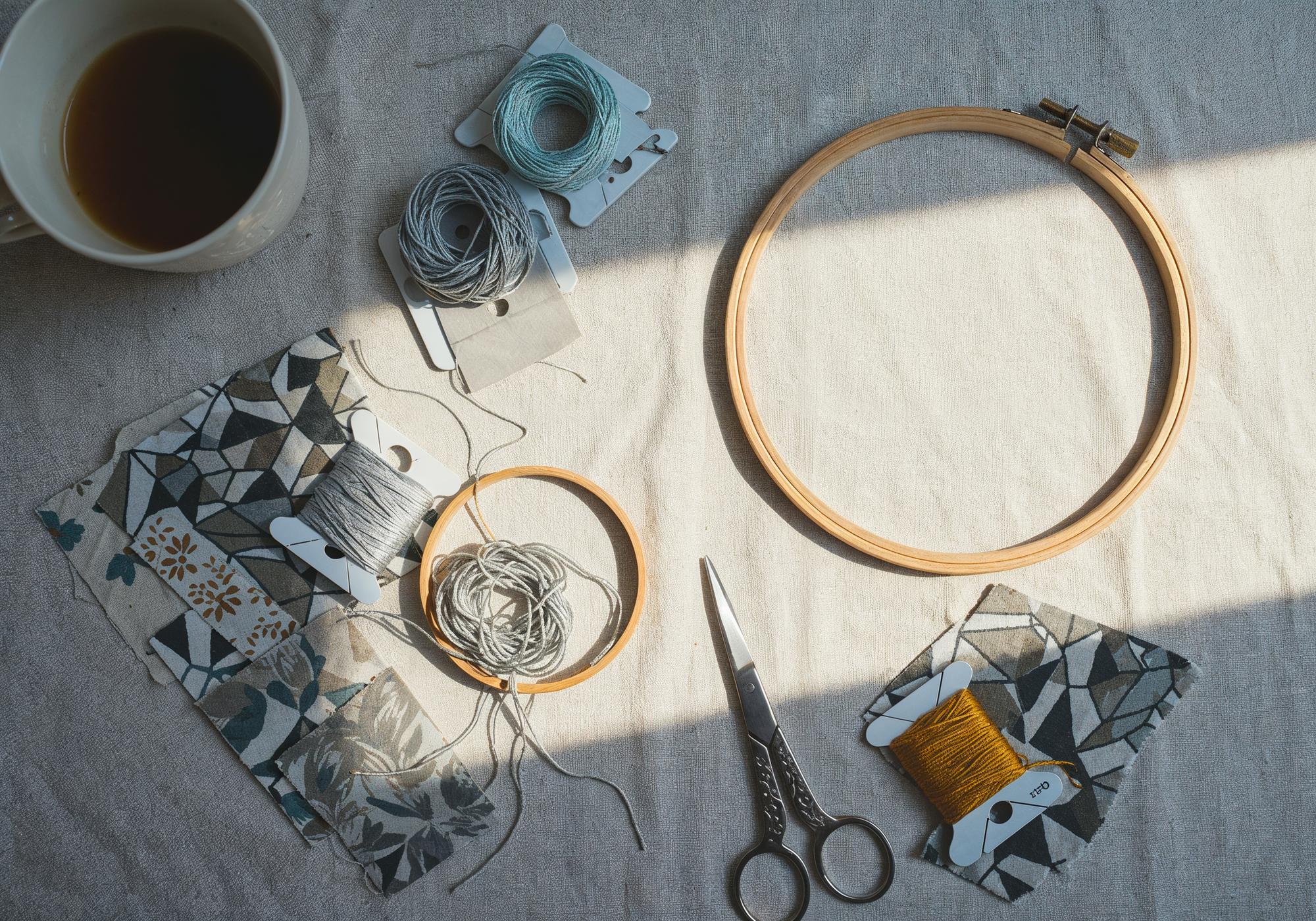 atelier table with hoops, threads and sketches