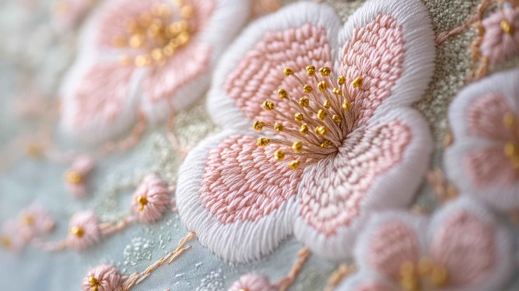 close-up satin stitch floral motif